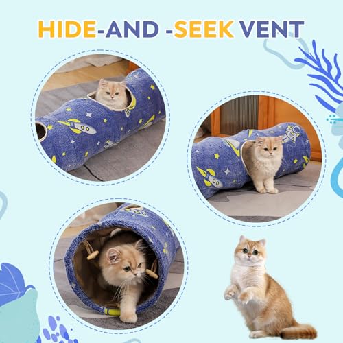 Glowing Astronaut Pattern Cat Tunnel - Collapsible with Plush Balls, Ideal for Indoor Cats, Rabbits, Kittens, Ferrets & Puppies (Blue) - color: BLUE