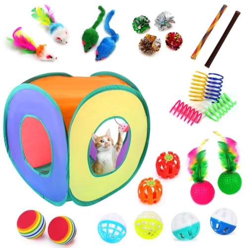 iCAGY 25 Pcs Cat Toys Set, Cat Cube Tunnel Toy for Indoor Cats, Kittens | Interactive Variety Pack, Cat Cube Tunnel, Feather Golf, Mice, Springs, Balls, Noise Toys - Rainbow/Colorful
