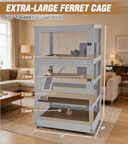 Large Ferret Cage, Chinchilla Cage with Bite-Resistant Frame, Slide-Out Tray, Lockable Casters, Four-Story Rat Cage for Small Animal - size: 36“ x 25” x 63.2“