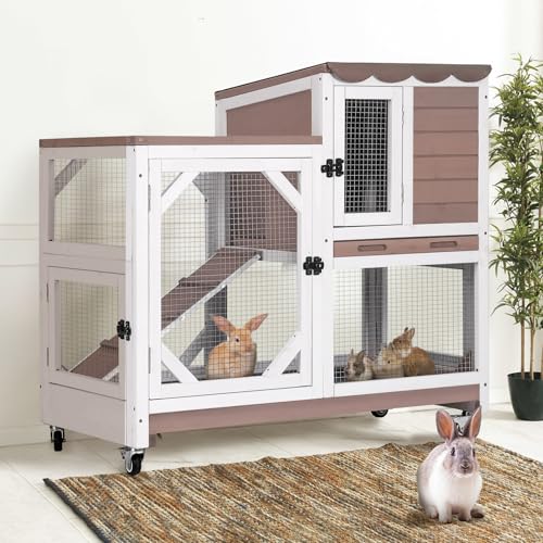 Gutinneen 2-Story Rabbit Hutch Bunny cage Wooden Rabbit Cage Indoor/Outdoor with Chew-Proof Ramp, 2 Leak-Proof Pull-Out Trays, Lockable Wheels for Rabbits, Guinea Pigs, Small Animals (Brown and White)