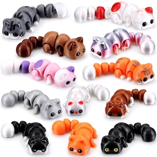 Honoson 12 Pcs 3D Printed Animals 5-7cm, Cute Cat | Articulated Fidget Animals, Flexible 3D Printed Figures for Stress Relief, Cute Mini Joints for Party Favors and Display - size: 5-7cm, style: Cute Cat