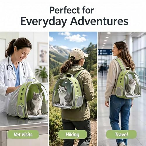 Expandable Cat Carrier Backpack with Bubble Window and Mesh, Light Green | Anti-collapse frame, breathable mesh, escape-resistant zipper clips and safety leash for vet visits and outdoor travel. - color: LightGreen