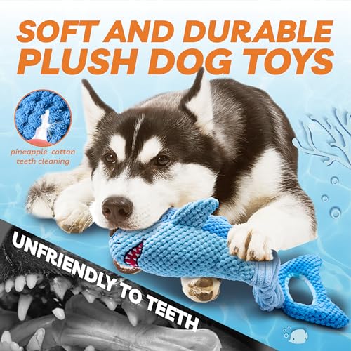 LEGEND SANDY Squeaky Dog Toys for Large Dogs – Interactive Plush Shark Toy with Crinkle & Tug of War Tail, Puppy Chew Toys for Small Medium Large Breeds - color: Blue