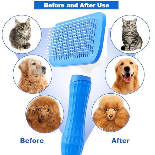 Generic Pet Grooming Brush, Blue - Self Cleaning Hair Brush for Dogs and Cats, Removes Loose Undercoat, Bristles with Massage Particles, Ergonomic Handle, For Long or Short Hair Breeds - color: Blue
