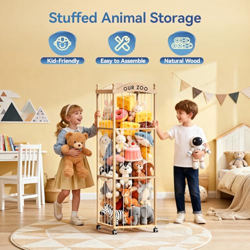 Stuffed Animal Storage Zoo Tower, Large Capacity Wooden Stuffed Animal Holder with Wheels, Space-Saving Toy Storage Organizer, Stuffy Plushies Storage for Nursery, Playroom & Bedroom