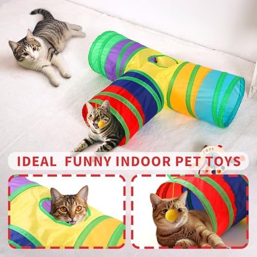 Pet Cat Tunnel, T-3 Way Tunnels for Indoor Cats, Collapsible Pet Tunnel for Kitten, Puppy, Rabbit, 25cm-Wide Tunnels, Durable & Breathable, with Peek Hole Toy Ball - color: T-Junction Tunnel & Rainbow