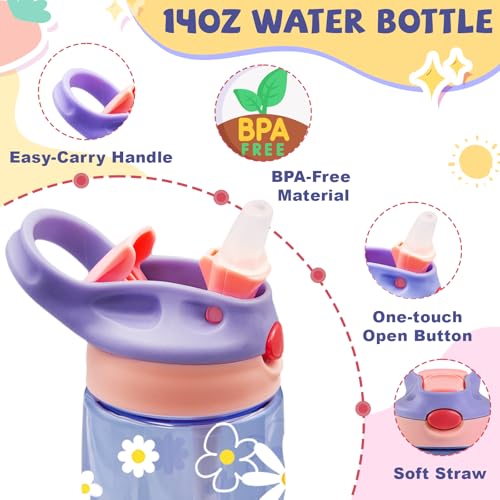Kids Plastic Water Bottle - Cute Daisy Water Bottles for Kids, 14oz Plastic Water Bottle with Straw Lid, Leakproof BPA-Free Daisy Water Bottles for Home Sports Travel, Pop-Up Straw Cover, Purple - color: Cute Daisy