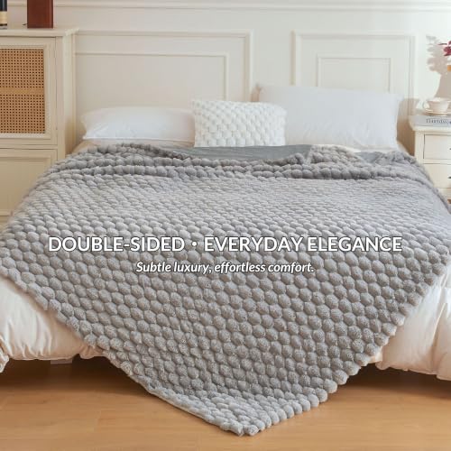 XeGe Luxury Bubble Fluffy Faux Rabbit Fur Bed Blanket King, Light Grey | 104"x90", Double-Sided, Hypoallergenic, No-Shed, Washable, Warm Furry Blanket for Master Bedroom, Couples & Family Snuggling - color: Light Grey, size: King (104" X 90")