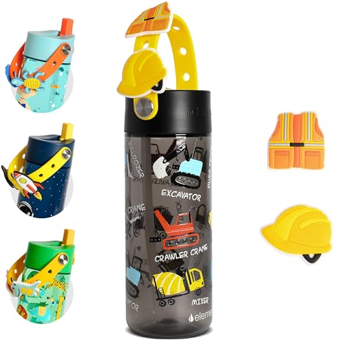 Elemental Water Bottles for Kids - Splash Kids Water Bottle for School with Fun Charm Handle - BPA Free Tritan Plastic Bottle with Straw Leak Proof When Spout is Closed - 18oz - Construction - color: Construction
