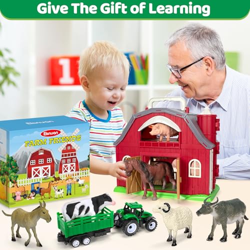 Ellinjan Farm Animals Toys for Toddlers Girls Boys, Big Red Barn Farm with Figures Animals and Tractor Toy for Kids 2 3 4 5, Farm Playset Educational Learning Toys, Ideal Christmas Birthday Gifts