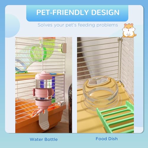 PawHut 18" 5 Tier Hamster Cage with Tubes and Tunnels, Small Animal Cage with Portable Carry Handle, Gerbil Cage with Water Bottle, Food Dish, Exercise Wheel, Orange | Small Animal Cage, Portable Carry Handle, Water Bottle, Food Dish, Exercise Wheel - col
