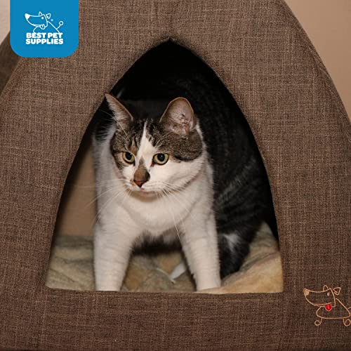 Best Pet Supplies Cat Bed for Indoor Cat, Domed Tent House with Removable Pillow, Covered Cat Cave for Small Dog, Puppies and All Breeds of Cats - Brown Linen, 19 x 19 x H:19" - color: Brown Linen, size: 19" x 19" x H:19"