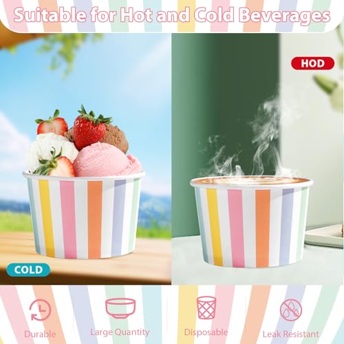 120 Pcs Striped Ice Cream Cups 12 oz Disposable Colorful Rainbow Stripe Paper Dessert Snack Bowl Pastel Food Yogurt Cup Container for Carnival Birthday Baby Shower Summer Party Supplies - style: Colorful Stripe Dessert Cup