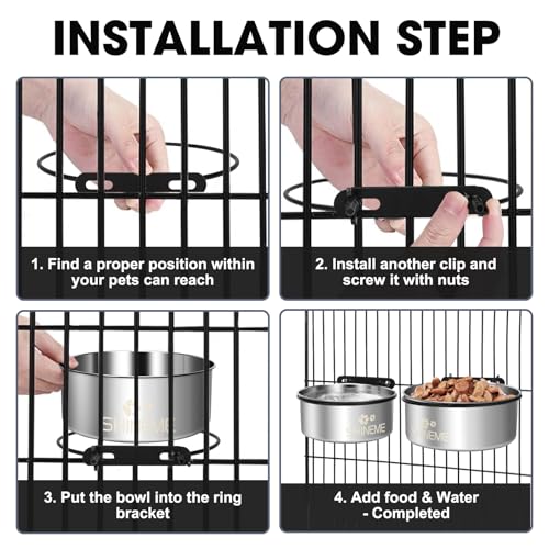 Water Bowl for Dog Crate, ShineMe 34oz & 25oz Stainless Steel Dogs Bowls, Dog Food and Water Bowl Set Mountable in Crate Kennel Cage, 2 Pack, Silver (6.2x2.6” & 5.5x2.4”) - color: Silver, size: M (34oz+25oz)