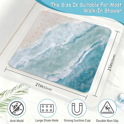 Beach Square Anti Slip Shower Mats for Inside Shower Accessories, Cute Bath Mats for Bathroom Non Slip Shower Floor Mat Sea Decor Rubber Bathmat with Suction and Drain Holes Machine Washable, 21″X21″ - color: C03, size: 21" x 21" (Square)