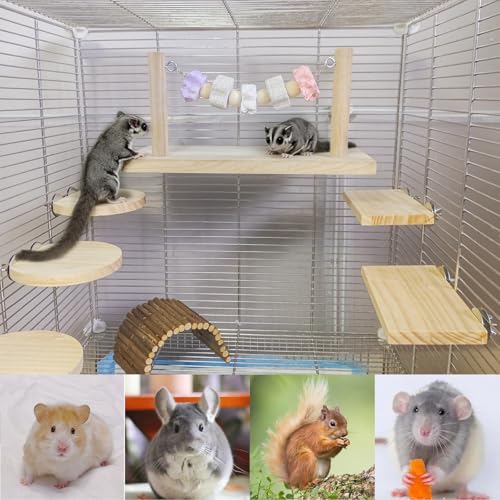 8 Pcs Chinchilla Ledges Wood Sets,Hamster Cage Platform Wooden Stand with Chew Lava Ledge Blocks Rats Climbing Toys Bridge Small Animal Cage Accessories for Squirrel Sugar Glider Gerbil - color: Pink