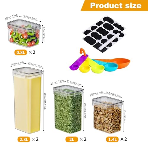 8pc Clear Airtight Canisters with Lids, Kitchen Dry Pantry Storage | 8pk clear airtight containers lock moisture out. Stackable plastic organizers for all your kitchen pantry dry foods - size: 8 pcs(14L)