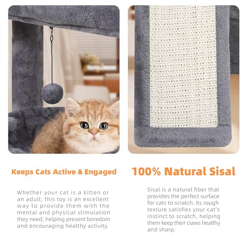 YOUPET Cat Tree with Cat Scratching Post for Indoor Cats, Cat Tower with Scratching Board and Playful Toy Balls, Cat Tree Tower with Cozy Hammock,Grey - color: Grey