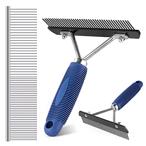 Long Tooth Grooming Undercoat Rake + Stainless Steel Shedding Comb | Deshedding Brushes for Large Pet Horse Longhair Cat, German Shepherd Husky Brush, Dual-Density Straight Comb for Detangling