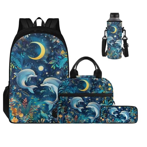Gold Moon Dolphin Backpacks for School Girls with Lunch Box Container for Kids 8th Grade Kawaii Pencil Box and Insulted Water Bottle Holder 4 Pcs Set Bookbag with Compartment for School - color: Gold Moon Dolphin