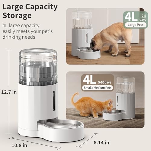 JUNSPOW Cat Water Dispenser with Filter and Stainless Steel Bowl (4L White) | Automatic Gravity Water Dispenser for Cats or Small Medium Size Dogs, Large Capacity, Easy to Clean - color: White, size: 4L + Filter