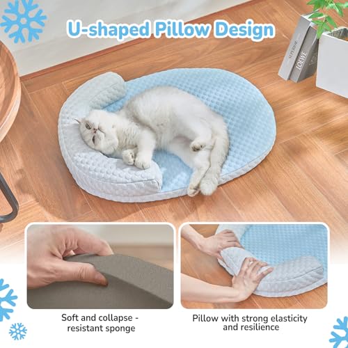 Summer Cat Cooling Mat Cooling Mat for Cats with U-Pillow | Cooling Soft and Comfortable Washable Removable Non-Slip Bottom - color: Blue against Grey