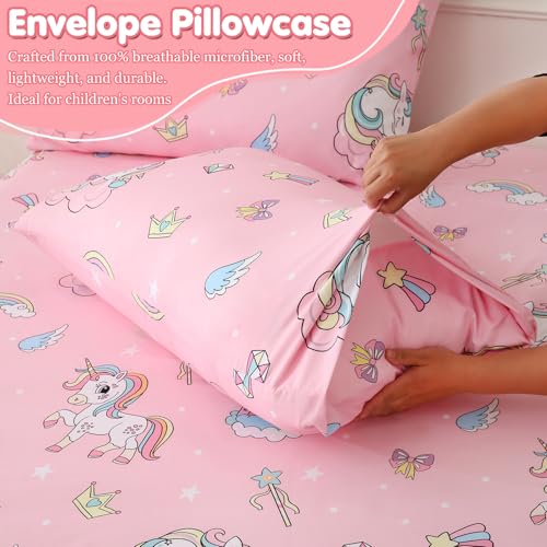 Twin Sheet Set for Girls Pink Unicorn Rainbow Themed Kids Bed Sheet | 3 Pieces Soft Breathable Printed Microfiber Bed Sheet for Kids Room, 15-inch Deep Pocket Fitted Sheet and Pillowcase Set - color: Unicorn, size: Twin