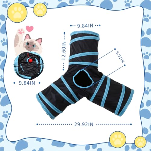 Pet Cat Tunnel, Y-3 Way Tunnels for Indoor Cats, Collapsible Pet Tunnel for Kitten, Puppy, Rabbit, 25cm-Wide Tunnels, Durable & Breathable, with Peek Hole Toy Ball - color: Y-junction Tunnel & Black/Blue