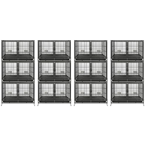 Homey Pet 4 Pack Three Tiers 43" Stackable Heavy Duty Double Dog Crate Bank | Commercial Modular Dog Kennel with Dual Front Doors, Divider, Auto Locks, Removable Tray, Bowls for Small and Medium Dogs - size: 43.0"L - 3 Tiers - 4P