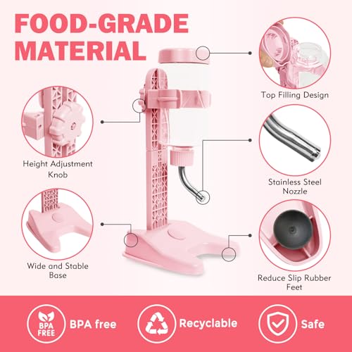 VANNON Pet Standing Water Dispenser Top Fill Dog Water Bottle Dispenser with Stand Leakproof Pet Slow Water Bottle for Small Animals, 13oz, BPA Free, Adjustable Height, Pink - color: Pink