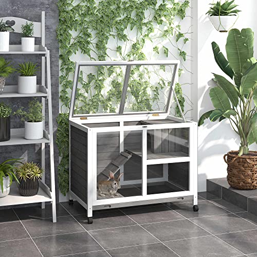 PawHut Rabbit Hutch with Wheels, Desk and Side Table Sized, Wooden Rabbit Cage, Waterproof Small Bunny Cage with Removable Tray, Openable Roof, for Indoor & Outdoor, Gray | Wooden Rabbit Cage, Waterproof Small Bunny Cage, Removable Tray, Openable Roof, fo