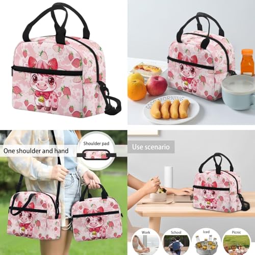 Pink Fruit Cow Backpack for School Girls 3rd Grade Boys Bookbag with Lunch Box Water Bottle Holder and Kawaii Big Pencil Case 4 PCS Sturdy Lightweight Back Packs with Compartment - color: Pink Fruit Cow