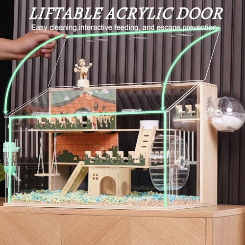 12 in 1 Large Wooden Hamster Cage with All Accessories, 24"*15.8"*15.8" 3-Layer Dwarf Hamster Cage Acrylic,Pastoral Style Mouse Cage for Pet Mice, Hedgehog, with Stairs, Fences and House - size: 24.0"L x 15.8"W x 15.8"H