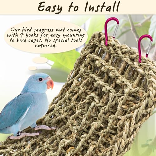 Bird Seagrass Mat 30 x 7 Inch Natural Seagrass Woven Bird Net, Parakeet Climbing Rope Ladder, Hammock Climbing Rope Ladder with Hooks, Chew Toys for Parrots Lovebird Cockatiel Budgie Hamster