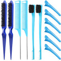 Remerry Hair Brush Set, 12 Pieces Nylon Brushes for Women & Girls - Including 3 Row Salon Teasing Brush, Double Sided Hair Edge Brush, Smooth Comb Grooming, Rat Tail Combs & Duckbill Clips - Blue - color: Blue