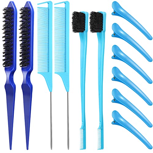Remerry Hair Brush Set, 12 Pieces Nylon Brushes for Women & Girls - Including 3 Row Salon Teasing Brush, Double Sided Hair Edge Brush, Smooth Comb Grooming, Rat Tail Combs & Duckbill Clips - Blue - color: Blue