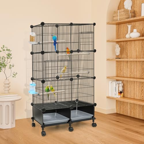 VISCOO Upgraded Encrypted Metal 46-Inch Bird Cage for Parrot Parakeets | Parakeet Cage with Wooden Perches, Slide-Out Tray, Water Bottle&Feeder for Cockatiel,Lovebird,Small Mid-Sized Birds - size: 24"L x 12"W x 46"H