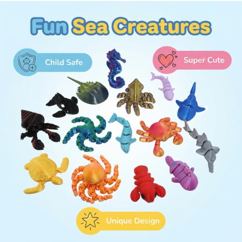 15 Pack 3D Printed Sea Animal Toys with Educational Cards, Articulated Ocean Animal Figurines and Fidget Desk Pets for Kids Ages 3-8, Birthday Gifts, Classroom Prizes & Desktop Decor