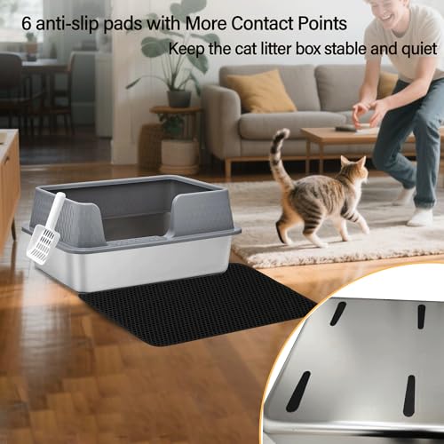 Stainless Steel Litter Box with Lid Cover Mats Scooper, Kitten Litter Box Low Entry, Suitable for Small Space Senior Cats, Side Entry, Grey Enclosure - size: Medium