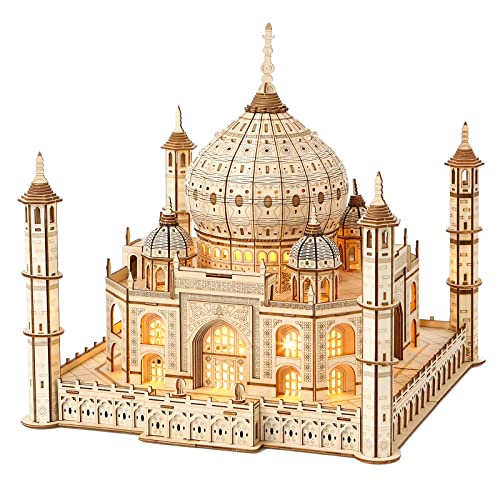 3D Wooden Puzzle for Adults, Taj Mahal Wood Model with Led Light, Self-Assembly Mechanical Building Kit Handicraft Brain Teaser Game Hobbies Toy, Birthday Gift for Women Men, Home Decor, 388 Pieces - style: Taj Mahal