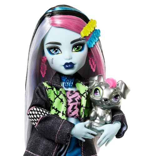 Monster High Frankie Stein Doll in Denim Jacket and Shorts, Includes Pet Dog Watzie and Accessories Like a Backpack, Snack and Notebook - style: Frankie Stein