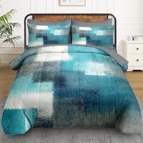 WeCozy Full Comforter Set with Sheets, 7 Pieces Turquoise Grey Bedding | Bed in A Bag for All Season, Painting Teal Contemporary Gray, 2 Pillowcases & 2 Shams for Kids and Adults - color: Turquoise Teal, size: Full
