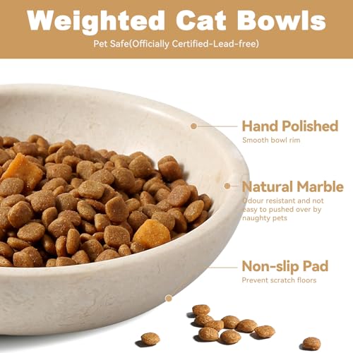 Karibiber Natural Marble Cat Bowl, Weighted 1.5lb Cat Food Bowl for Cat and Small Dog, Small Animal Pet Food Dish Non-Slip, Shallow Dish for Whisker Fatigue Relief, Premium Beige Stone for Home Decor - color: Beige