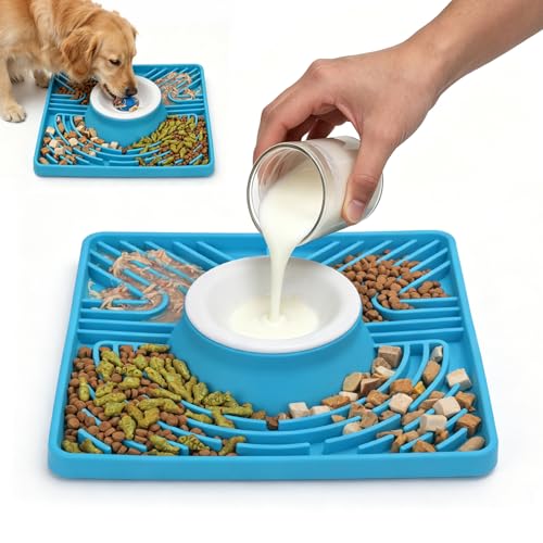 Slow Feeder Dog Bowl with Rolling Ball, 6 to 7 Cup Large Capacity, Anti-Slip Silicone Lick Mat for Liquid Treat,Interactive Puppy Licking Toy for Large, Medium, Small Dogs and Cats, Blue