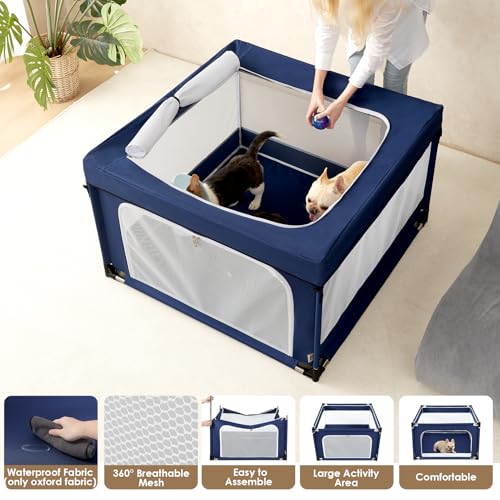 EHEYCIGA 42x42x26 Inches Puppy Playpen with Top Cover for Dogs & Cats Indoor or Outdoor - Dog Playpen with Door, Dog Fence for Small Animal with Heavy-Duty Oxford & Steel Frame, Navy - color: Navy, style: 42x42x26(With Cover)