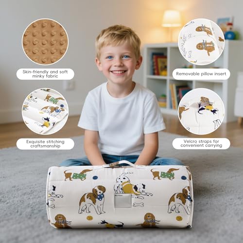 david's kids Minky Toddler Nap Mat with Pillow and Minky Fleece Blanket, 55"x23",Ultra Soft Slumber Bags for Kids, Perfect for Preschool, Daycare, Kids Sleeping Bags with Rollup Design, Dog - color: Dog