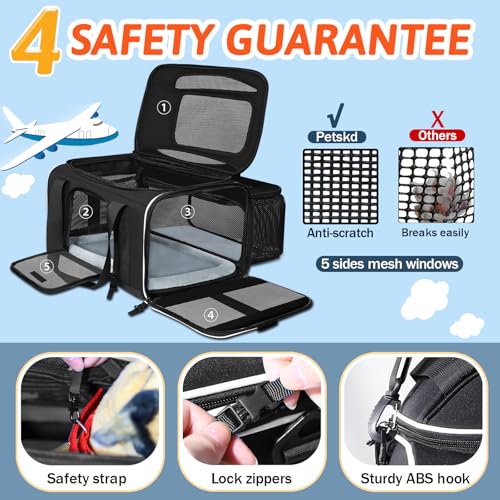Top and Side Expandable Small Pet Carrier Airline Approved, Black | 18"Lx11"Wx11"H, for Delta/United/American Airlines, Pets Under 10 Lbs, Lockable Zippers,Soft-Sided, Anti-Scratch Mesh - color: Black, size: 18.0"L x 11.0"W x 11.0"H
