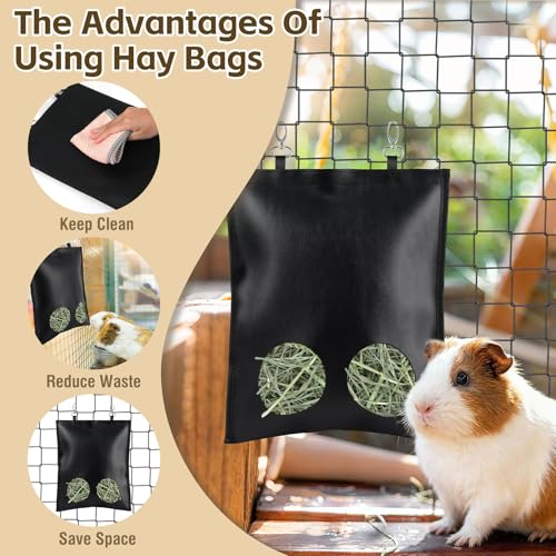 2Pcs Hanging Hay Feeder Bag for Guinea Pigs, Capacity of 0.35 Pounds of Hay, 11.8 x 9.8 Inch Bilayer Harmless Artificial Leather, 2-Hole Washable Hay Feeding Pouch for Small Rabbit, Chinchillas