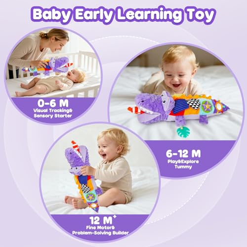 Purple Crocodile Plush Musical Stuffed Animal Alligator Baby Sensory Toy Tummy Time Learning Toy Soft Soothing Toys for Babies 0-36 Months Baby Shower 1st Birthday Gifts - color: Purple
