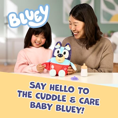 Bluey Toys, Care and Cuddle Baby Plush Toy, 11", 10 Sounds, Ages 3+ | Includes bottle, pacifier, and removable cloth diaper for nurturing play, interactive toddler toys - style: Cuddle & Care Baby Bluey